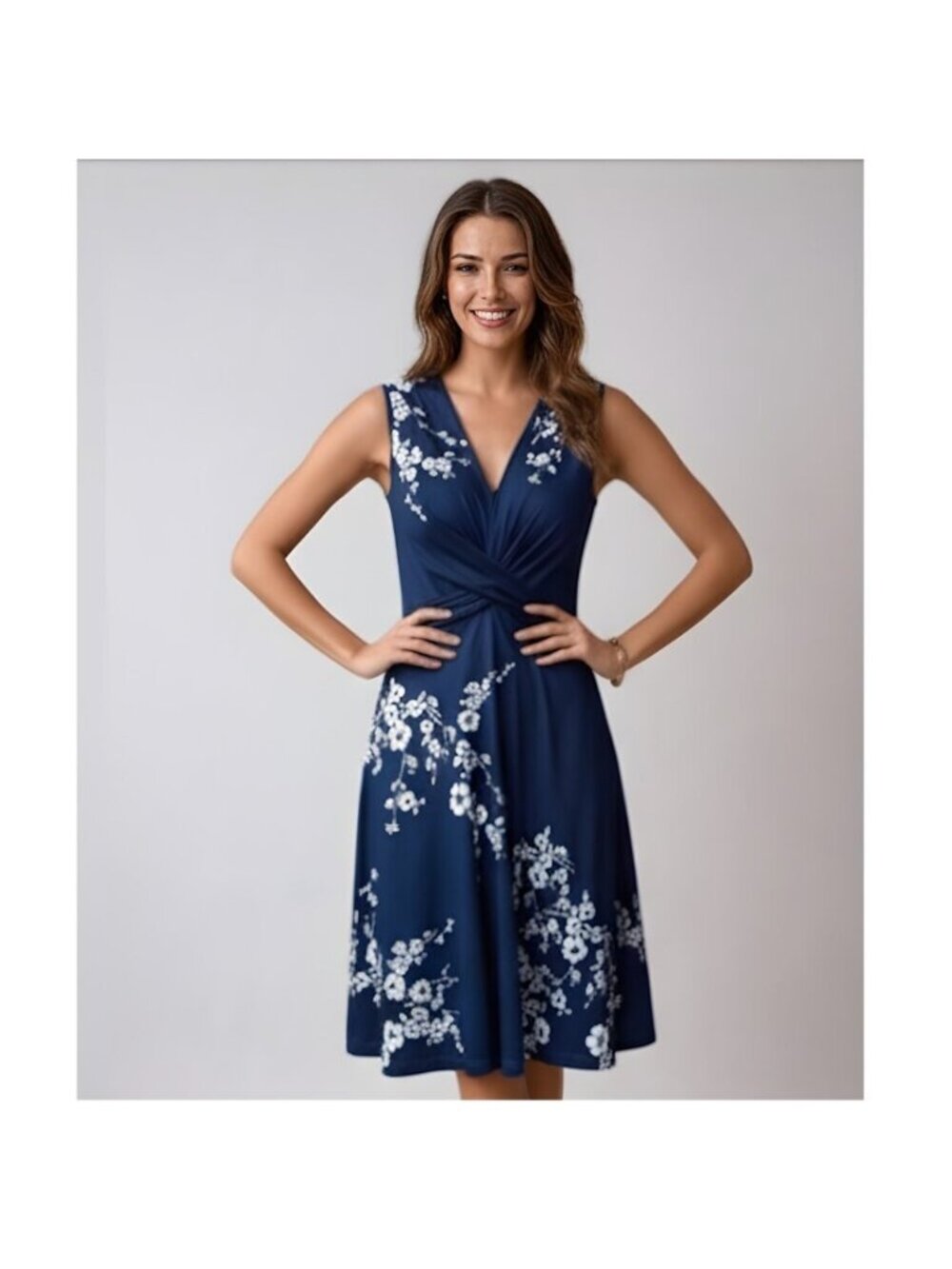 Blue Floral Print Twist Front A-line Dress
